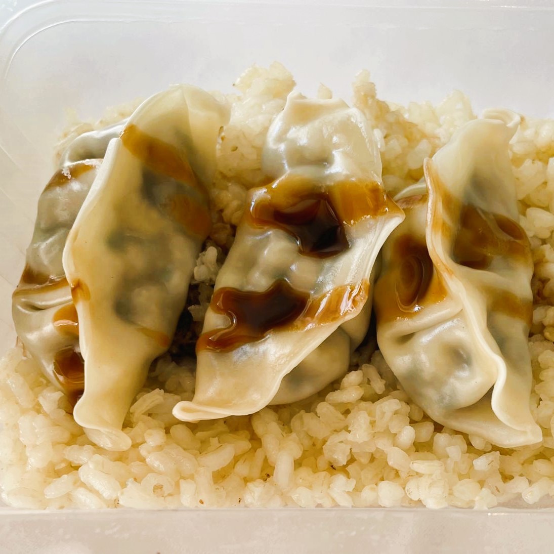 Gyozas de Setas y Verduras con Salsa Teriyaki y Arroz Blanco