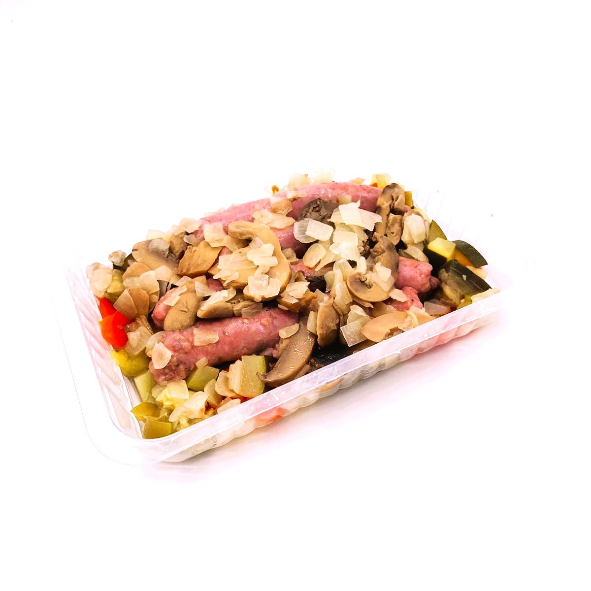 Salchicha Soasada con Champiñones y Verduras Pochadas