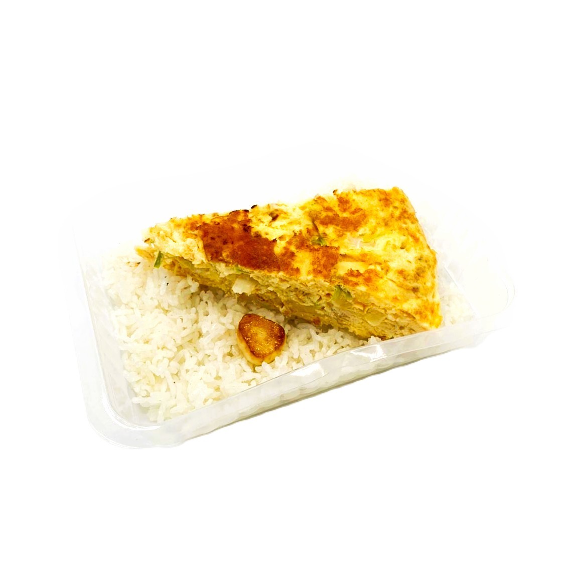 Tortilla de Bacalao con Ajetes y Arroz Salteado